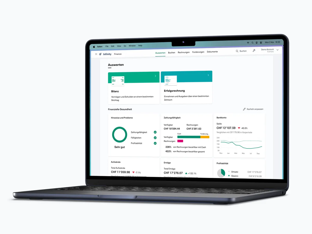 Einfach zu bedienen und KI-unterstützt: die Software «Infinity Finance» des Dürntner Start-ups. Ein Laptop. Auf dem Bildschirm ist eine Buchhaltungssoftware zu sehen.